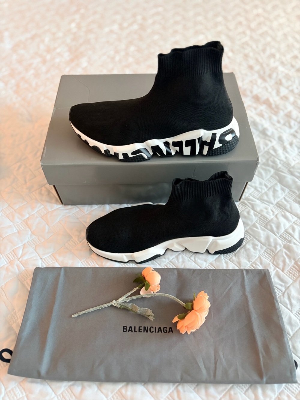 Balenciaga Speed Graffiti Logo Sock Sneakers Black White Size 36 / US 6